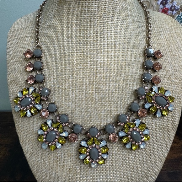 Crystal Bib Necklace Gold Grey Yellow and Opalite Statement Bold Chunky 21 Inch - Picture 10 of 10